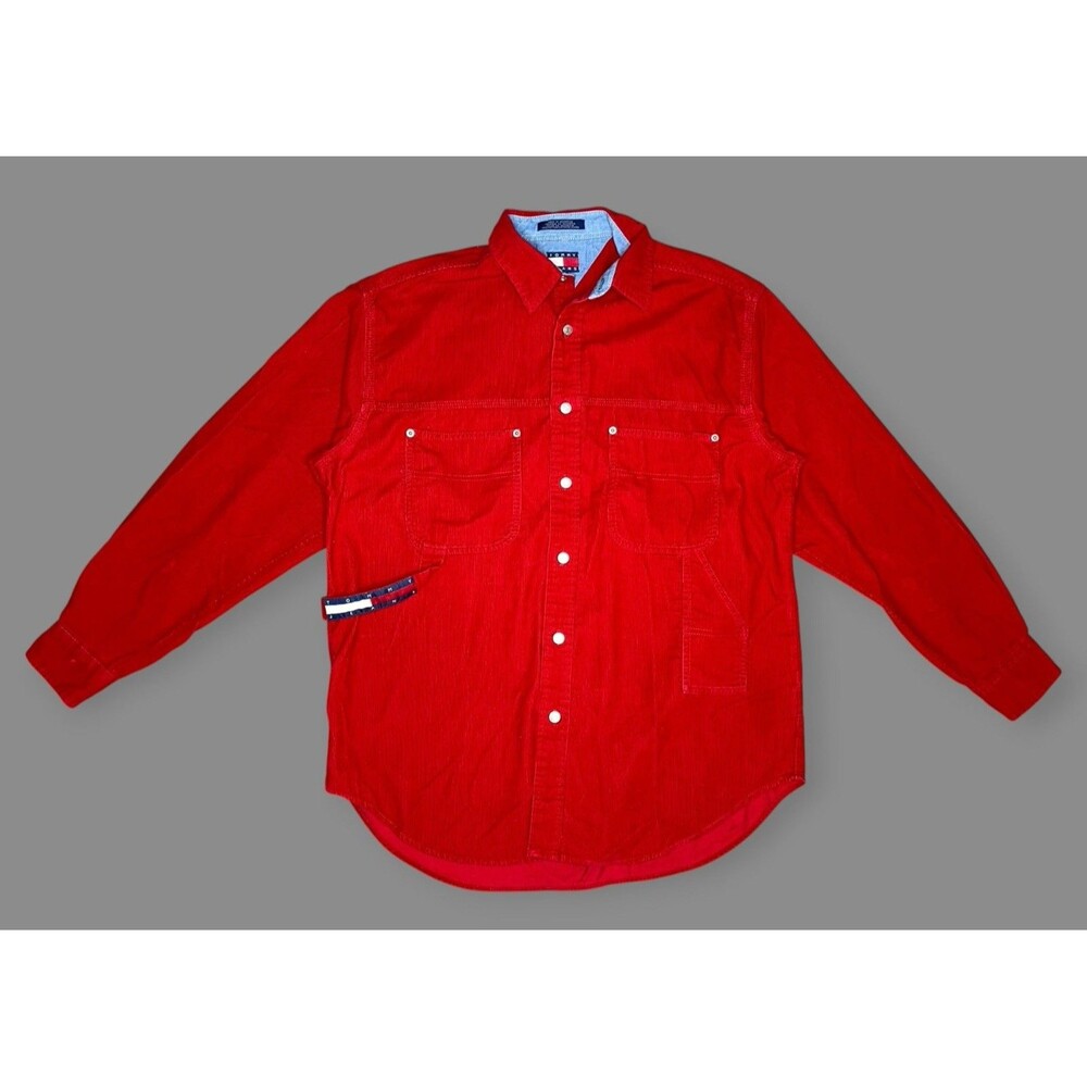 Vtg 90s Tommy Hilfiger Corduroy Button Down Shirt Mens MED Red Dual Chest Pocket